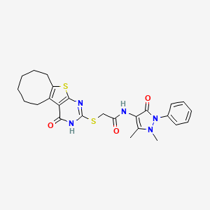 molecular formula C25H27N5O3S2 B14919290 N-(1,5-dimethyl-3-oxo-2-phenyl-2,3-dihydro-1H-pyrazol-4-yl)-2-[(4-oxo-3,4,5,6,7,8,9,10-octahydrocycloocta[4,5]thieno[2,3-d]pyrimidin-2-yl)sulfanyl]acetamide 