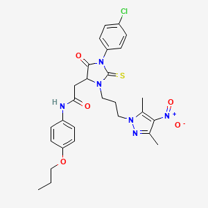 molecular formula C28H31ClN6O5S B14921738 2-{1-(4-chlorophenyl)-3-[3-(3,5-dimethyl-4-nitro-1H-pyrazol-1-yl)propyl]-5-oxo-2-thioxoimidazolidin-4-yl}-N-(4-propoxyphenyl)acetamide 