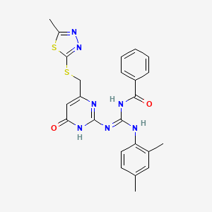 molecular formula C24H23N7O2S2 B14921985 N-{[(2,4-dimethylphenyl)amino][(6-{[(5-methyl-1,3,4-thiadiazol-2-yl)sulfanyl]methyl}-4-oxo-1,4-dihydropyrimidin-2-yl)amino]methylidene}benzamide 