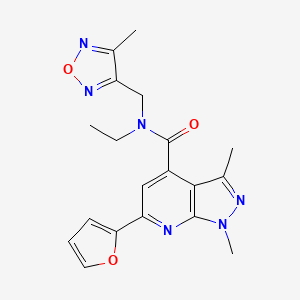 molecular formula C19H20N6O3 B14927215 N-ethyl-6-(furan-2-yl)-1,3-dimethyl-N-[(4-methyl-1,2,5-oxadiazol-3-yl)methyl]-1H-pyrazolo[3,4-b]pyridine-4-carboxamide 
