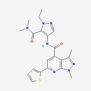 molecular formula C21H23N7O2S B14927225 N-[5-(dimethylcarbamoyl)-1-ethyl-1H-pyrazol-4-yl]-1,3-dimethyl-6-(thiophen-2-yl)-1H-pyrazolo[3,4-b]pyridine-4-carboxamide 