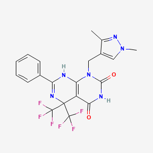 molecular formula C20H16F6N6O2 B14928583 1-[(1,3-dimethyl-1H-pyrazol-4-yl)methyl]-7-phenyl-5,5-bis(trifluoromethyl)-5,8-dihydropyrimido[4,5-d]pyrimidine-2,4(1H,3H)-dione 