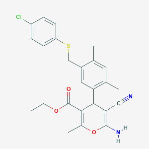 molecular formula C25H25ClN2O3S B14930178 ethyl 6-amino-4-(5-{[(4-chlorophenyl)sulfanyl]methyl}-2,4-dimethylphenyl)-5-cyano-2-methyl-4H-pyran-3-carboxylate 
