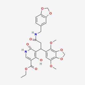 molecular formula C28H28N2O11 B14940950 Ethyl 5-{3-[(1,3-benzodioxol-5-ylmethyl)amino]-1-(4,7-dimethoxy-1,3-benzodioxol-5-yl)-3-oxopropyl}-4-hydroxy-6-oxo-1,6-dihydropyridine-3-carboxylate 