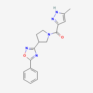 molecular formula C17H17N5O2 B14962572 (3-methyl-1H-pyrazol-5-yl)(3-(5-phenyl-1,2,4-oxadiazol-3-yl)pyrrolidin-1-yl)methanone 