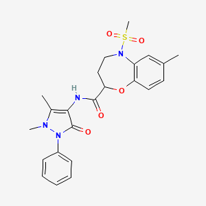 molecular formula C23H26N4O5S B14969460 N-(1,5-dimethyl-3-oxo-2-phenyl-2,3-dihydro-1H-pyrazol-4-yl)-7-methyl-5-(methylsulfonyl)-2,3,4,5-tetrahydro-1,5-benzoxazepine-2-carboxamide 