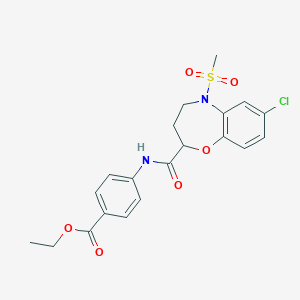 molecular formula C20H21ClN2O6S B14970857 Ethyl 4-({[7-chloro-5-(methylsulfonyl)-2,3,4,5-tetrahydro-1,5-benzoxazepin-2-yl]carbonyl}amino)benzoate 