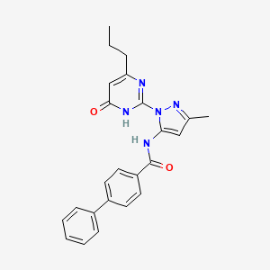 molecular formula C24H23N5O2 B14974617 N-(3-methyl-1-(6-oxo-4-propyl-1,6-dihydropyrimidin-2-yl)-1H-pyrazol-5-yl)-[1,1'-biphenyl]-4-carboxamide 