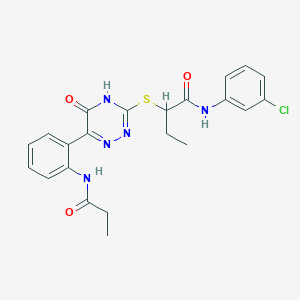 molecular formula C22H22ClN5O3S B14974701 N-(3-Chlorophenyl)-2-{[5-oxo-6-(2-propanamidophenyl)-4,5-dihydro-1,2,4-triazin-3-YL]sulfanyl}butanamide 