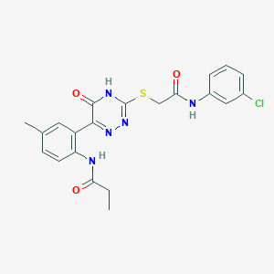 molecular formula C21H20ClN5O3S B14974726 N-{2-[3-({[(3-Chlorophenyl)carbamoyl]methyl}sulfanyl)-5-oxo-4,5-dihydro-1,2,4-triazin-6-YL]-4-methylphenyl}propanamide 