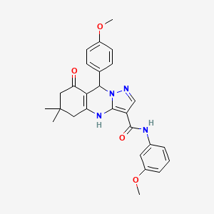 molecular formula C27H28N4O4 B14974991 N-(3-methoxyphenyl)-9-(4-methoxyphenyl)-6,6-dimethyl-8-oxo-4,5,6,7,8,9-hexahydropyrazolo[5,1-b]quinazoline-3-carboxamide 