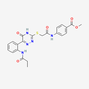 molecular formula C22H21N5O5S B14975514 Methyl 4-(2-{[5-oxo-6-(2-propanamidophenyl)-4,5-dihydro-1,2,4-triazin-3-YL]sulfanyl}acetamido)benzoate 