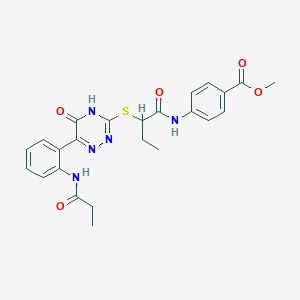 molecular formula C24H25N5O5S B14975599 Methyl 4-(2-{[5-oxo-6-(2-propanamidophenyl)-4,5-dihydro-1,2,4-triazin-3-YL]sulfanyl}butanamido)benzoate 