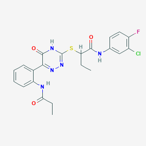 molecular formula C22H21ClFN5O3S B14975709 N-(3-Chloro-4-fluorophenyl)-2-{[5-oxo-6-(2-propanamidophenyl)-4,5-dihydro-1,2,4-triazin-3-YL]sulfanyl}butanamide 