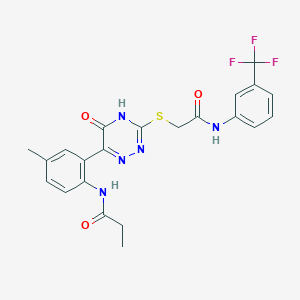 molecular formula C22H20F3N5O3S B14975750 N-(4-Methyl-2-{5-oxo-3-[({[3-(trifluoromethyl)phenyl]carbamoyl}methyl)sulfanyl]-4,5-dihydro-1,2,4-triazin-6-YL}phenyl)propanamide 
