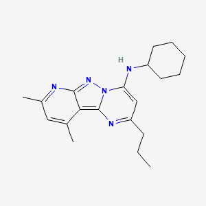 molecular formula C20H27N5 B14976278 N-cyclohexyl-11,13-dimethyl-4-propyl-3,7,8,10-tetrazatricyclo[7.4.0.02,7]trideca-1,3,5,8,10,12-hexaen-6-amine 