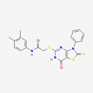 molecular formula C21H18N4O2S3 B14976322 N-(3,4-dimethylphenyl)-2-((7-oxo-3-phenyl-2-thioxo-2,3,6,7-tetrahydrothiazolo[4,5-d]pyrimidin-5-yl)thio)acetamide 