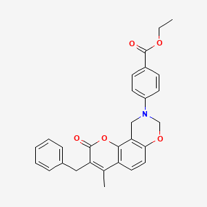 molecular formula C28H25NO5 B14976562 ethyl 4-(3-benzyl-4-methyl-2-oxo-2H,8H-chromeno[8,7-e][1,3]oxazin-9(10H)-yl)benzoate 