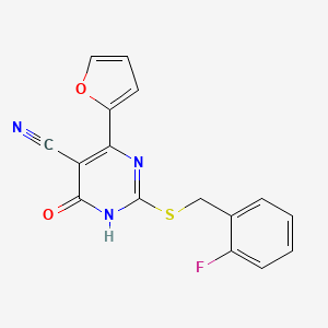 molecular formula C16H10FN3O2S B14981334 2-{[(2-Fluorophenyl)methyl]sulfanyl}-4-(furan-2-YL)-6-oxo-1,6-dihydropyrimidine-5-carbonitrile 
