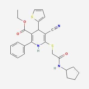molecular formula C26H27N3O3S2 B14982896 Ethyl 5-cyano-6-{[2-(cyclopentylamino)-2-oxoethyl]sulfanyl}-2-phenyl-4-(thiophen-2-yl)-1,4-dihydropyridine-3-carboxylate 