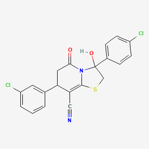 molecular formula C20H14Cl2N2O2S B14993726 7-(3-chlorophenyl)-3-(4-chlorophenyl)-3-hydroxy-5-oxo-2,3,6,7-tetrahydro-5H-[1,3]thiazolo[3,2-a]pyridine-8-carbonitrile 