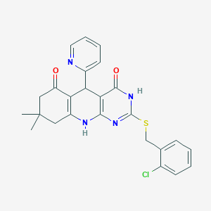 molecular formula C25H23ClN4O2S B14998911 2-[(2-chlorobenzyl)sulfanyl]-8,8-dimethyl-5-(pyridin-2-yl)-5,8,9,10-tetrahydropyrimido[4,5-b]quinoline-4,6(3H,7H)-dione 