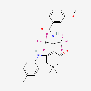 molecular formula C27H28F6N2O3 B15002751 N-(2-{2-[(3,4-dimethylphenyl)amino]-4,4-dimethyl-6-oxocyclohex-1-en-1-yl}-1,1,1,3,3,3-hexafluoropropan-2-yl)-3-methoxybenzamide 