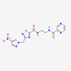 molecular formula C14H13N9O5 B15003427 N-{2-[({3-[(4-nitro-1H-pyrazol-1-yl)methyl]-1,2,4-oxadiazol-5-yl}carbonyl)amino]ethyl}pyrazine-2-carboxamide 