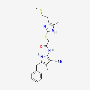 molecular formula C22H25N5OS2 B15003840 N-(5-benzyl-3-cyano-4-methyl-1H-pyrrol-2-yl)-2-({4-methyl-5-[2-(methylsulfanyl)ethyl]-1H-imidazol-2-yl}sulfanyl)acetamide 