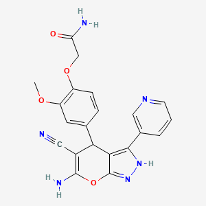molecular formula C21H18N6O4 B15004460 2-[4-(6-Amino-5-cyano-3-pyridin-3-yl-1,4-dihydropyrano[2,3-c]pyrazol-4-yl)-2-methoxyphenoxy]acetamide 