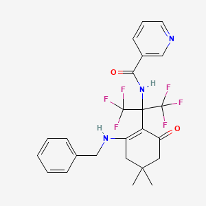 molecular formula C24H23F6N3O2 B15006636 N-{2-[2-(benzylamino)-4,4-dimethyl-6-oxocyclohex-1-en-1-yl]-1,1,1,3,3,3-hexafluoropropan-2-yl}pyridine-3-carboxamide 
