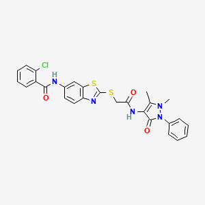 molecular formula C27H22ClN5O3S2 B15009350 2-chloro-N-[2-({2-[(1,5-dimethyl-3-oxo-2-phenyl-2,3-dihydro-1H-pyrazol-4-yl)amino]-2-oxoethyl}sulfanyl)-1,3-benzothiazol-6-yl]benzamide 