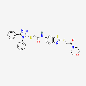 molecular formula C29H26N6O3S3 B15011136 2-[(4,5-diphenyl-4H-1,2,4-triazol-3-yl)sulfanyl]-N-(2-{[2-(morpholin-4-yl)-2-oxoethyl]sulfanyl}-1,3-benzothiazol-6-yl)acetamide 