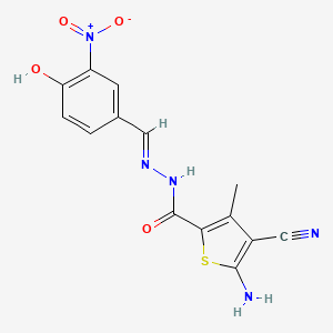 molecular formula C14H11N5O4S B15011881 5-amino-4-cyano-N'-[(E)-(4-hydroxy-3-nitrophenyl)methylidene]-3-methylthiophene-2-carbohydrazide 