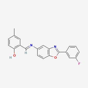 molecular formula C21H15FN2O2 B15012205 2-[(E)-{[2-(3-fluorophenyl)-1,3-benzoxazol-5-yl]imino}methyl]-4-methylphenol 