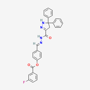 molecular formula C30H23FN4O3 B15015103 4-[(E)-{2-[(5,5-diphenyl-4,5-dihydro-1H-pyrazol-3-yl)carbonyl]hydrazinylidene}methyl]phenyl 3-fluorobenzoate 