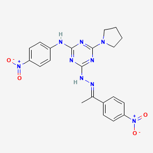 molecular formula C21H21N9O4 B15016844 N-(4-nitrophenyl)-4-{(2E)-2-[1-(4-nitrophenyl)ethylidene]hydrazinyl}-6-(pyrrolidin-1-yl)-1,3,5-triazin-2-amine 