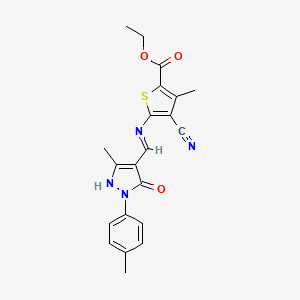 molecular formula C21H20N4O3S B15017140 ethyl 4-cyano-3-methyl-5-({(E)-[3-methyl-1-(4-methylphenyl)-5-oxo-1,5-dihydro-4H-pyrazol-4-ylidene]methyl}amino)thiophene-2-carboxylate 