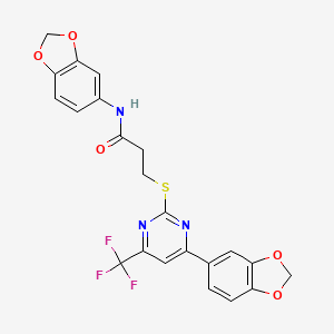 molecular formula C22H16F3N3O5S B15024821 N-(1,3-benzodioxol-5-yl)-3-{[4-(1,3-benzodioxol-5-yl)-6-(trifluoromethyl)pyrimidin-2-yl]sulfanyl}propanamide 