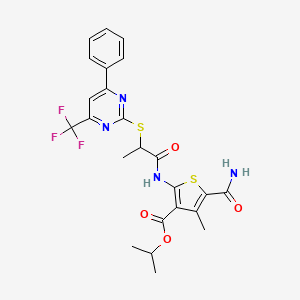 molecular formula C24H23F3N4O4S2 B15026813 Propan-2-yl 5-carbamoyl-4-methyl-2-[(2-{[4-phenyl-6-(trifluoromethyl)pyrimidin-2-yl]sulfanyl}propanoyl)amino]thiophene-3-carboxylate 