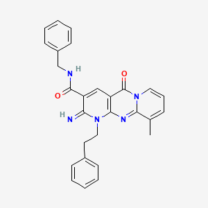 molecular formula C28H25N5O2 B15031178 N-benzyl-6-imino-11-methyl-2-oxo-7-(2-phenylethyl)-1,7,9-triazatricyclo[8.4.0.03,8]tetradeca-3(8),4,9,11,13-pentaene-5-carboxamide 
