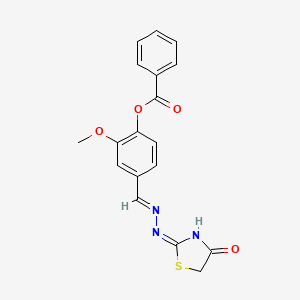 molecular formula C18H15N3O4S B15031246 2-methoxy-4-{(E)-[2-(4-oxo-4,5-dihydro-1,3-thiazol-2-yl)hydrazinylidene]methyl}phenyl benzoate 