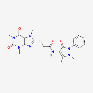 molecular formula C21H23N7O4S B15032294 N-(1,5-dimethyl-3-oxo-2-phenyl-2,3-dihydro-1H-pyrazol-4-yl)-2-[(1,3,7-trimethyl-2,6-dioxo-2,3,6,7-tetrahydro-1H-purin-8-yl)sulfanyl]acetamide 