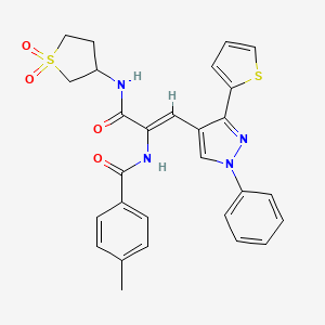 molecular formula C28H26N4O4S2 B15034293 N-{(1Z)-3-[(1,1-dioxidotetrahydrothiophen-3-yl)amino]-3-oxo-1-[1-phenyl-3-(thiophen-2-yl)-1H-pyrazol-4-yl]prop-1-en-2-yl}-4-methylbenzamide 