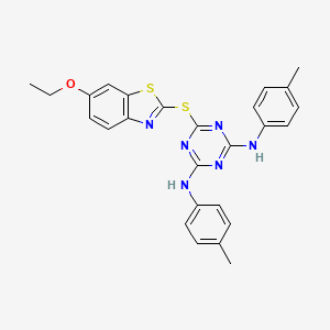 molecular formula C26H24N6OS2 B15035436 6-[(6-ethoxy-1,3-benzothiazol-2-yl)sulfanyl]-N,N'-bis(4-methylphenyl)-1,3,5-triazine-2,4-diamine 