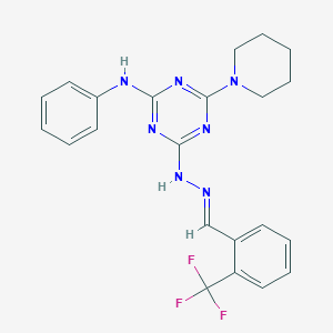 molecular formula C22H22F3N7 B15038808 N-phenyl-4-(piperidin-1-yl)-6-{(2E)-2-[2-(trifluoromethyl)benzylidene]hydrazinyl}-1,3,5-triazin-2-amine 