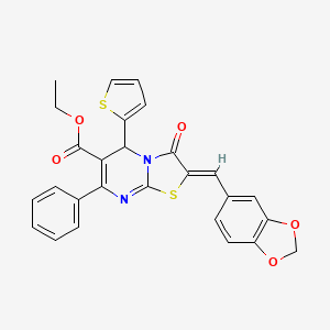 molecular formula C27H20N2O5S2 B15038811 ethyl (2Z)-2-(1,3-benzodioxol-5-ylmethylidene)-3-oxo-7-phenyl-5-(thiophen-2-yl)-2,3-dihydro-5H-[1,3]thiazolo[3,2-a]pyrimidine-6-carboxylate 