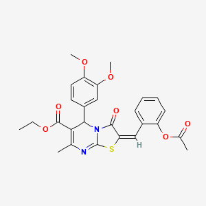 molecular formula C27H26N2O7S B15038980 ethyl (2E)-2-[2-(acetyloxy)benzylidene]-5-(3,4-dimethoxyphenyl)-7-methyl-3-oxo-2,3-dihydro-5H-[1,3]thiazolo[3,2-a]pyrimidine-6-carboxylate 