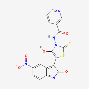 molecular formula C17H9N5O5S2 B15040092 N-[(5Z)-5-(5-nitro-2-oxo-1,2-dihydro-3H-indol-3-ylidene)-4-oxo-2-thioxo-1,3-thiazolidin-3-yl]pyridine-3-carboxamide 