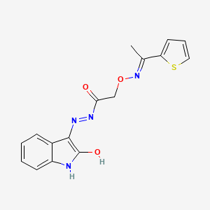 molecular formula C16H14N4O3S B15040906 N'-[(3Z)-2-oxo-1,2-dihydro-3H-indol-3-ylidene]-2-({[(1E)-1-(thiophen-2-yl)ethylidene]amino}oxy)acetohydrazide 